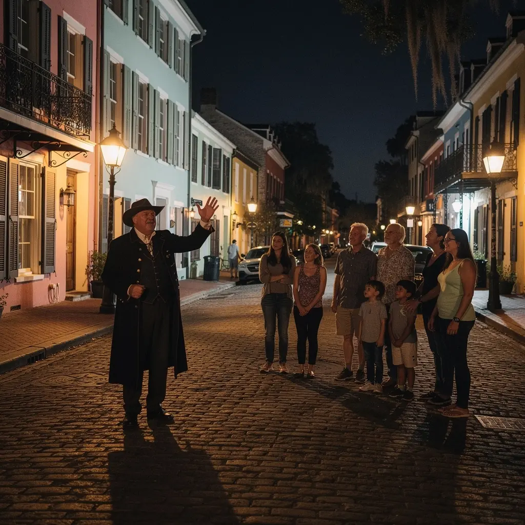 Гид, рассказывающий о призраках и легендах Саванны во время экскурсии.