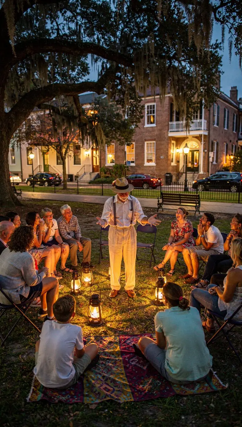 Мистическая атмосфера вечерней прогулки по историческим улицам Саванны.