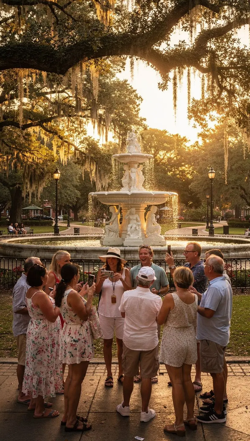 Туристы, наслаждающиеся прогулкой по историческому центру Саванны.