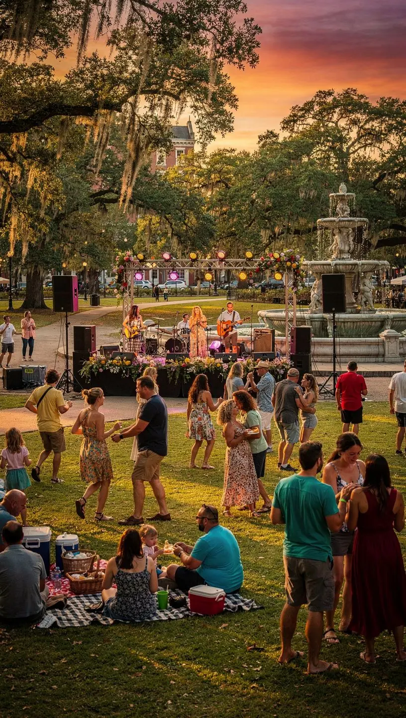 Старинные здания Саванны, окруженные цветущими садами.