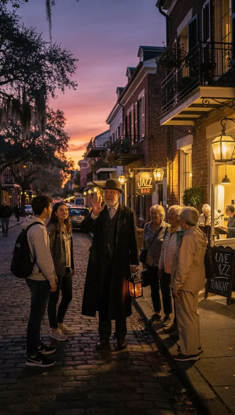 Группа туристов, исследующих исторические места Саванны.