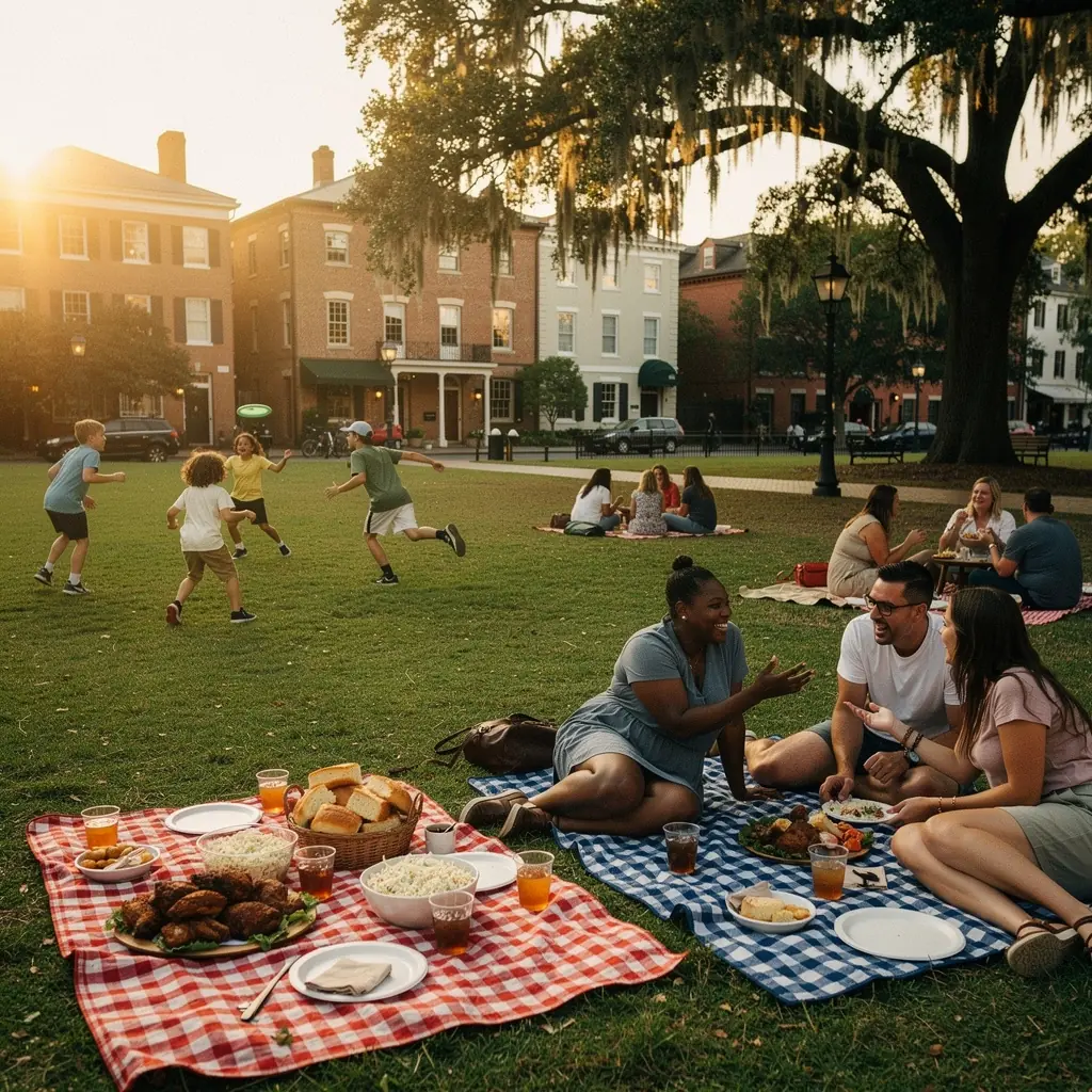 Историческая площадь в Саванне, окруженная колониальной архитектурой и зелеными деревьями.