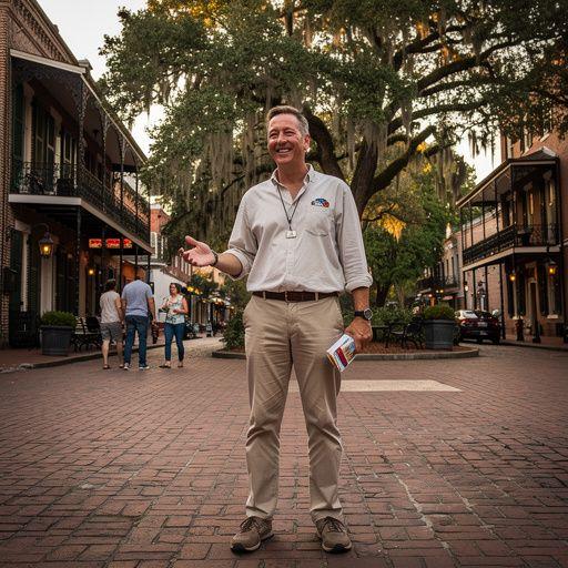 Историческая площадь Саванны с зелеными деревьями и колоннадами.